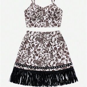 White & Brown paisley skirt and top with black leather accents